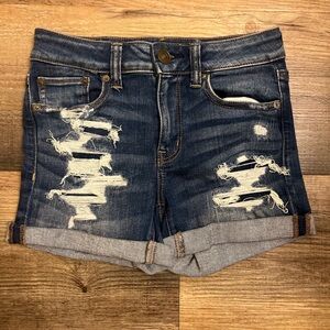 NEW AMERICAN EAGLE MIDI STRETCH DENIM JEAN SHORTS DISTRESSED SIZE 2 FRAY CUFFED